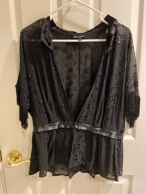 Topshop Black Sheer Floral Fringe Kimono with Velvet Collar EUC